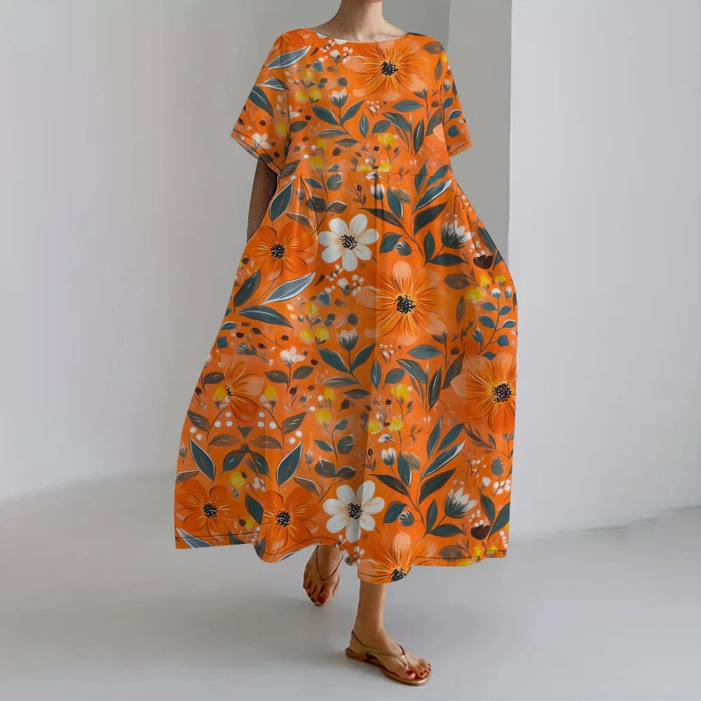 

Vibrant Orange Flower Dress Multi-Color Flower Print Skirt Elegant Orange Floral Print Dresses Casual Chic Orange Flower Wears