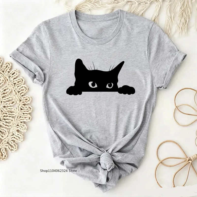 Trendiges T-Shirt mit Kawaii-Katzenmuster für Damen, Sommer, Rundhalsausschnitt, süßes Katzenmotiv, Y2K-Grafik, Sommer-Streetwear, lässige Damenbekleidung.