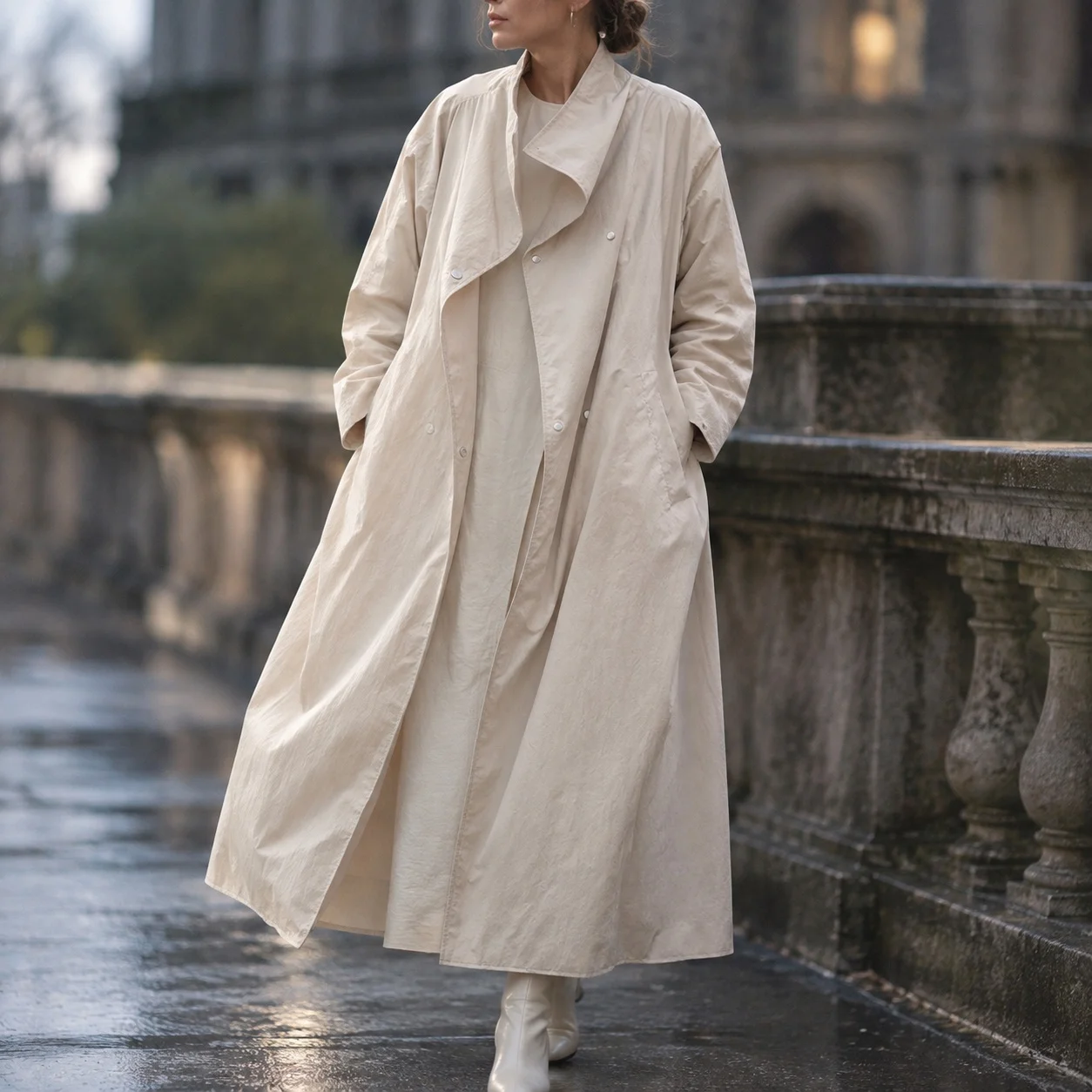 Notched Lapel Turn Down Collar Cape Regular Fit Private Celebrity Style with Composite Construction Trench Coat Spring for Women