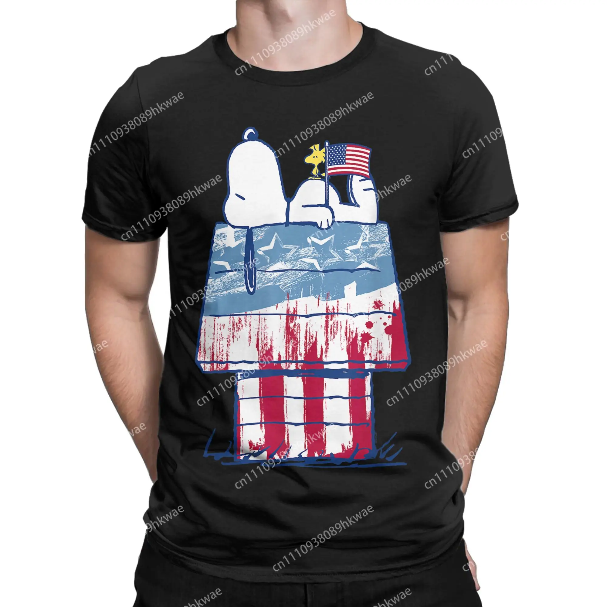 USA Wood House Snoopys T Shirts Men Cotton Vintage T-Shirt Crewneck Tees Short Sleeve Clothes Birthday Gift