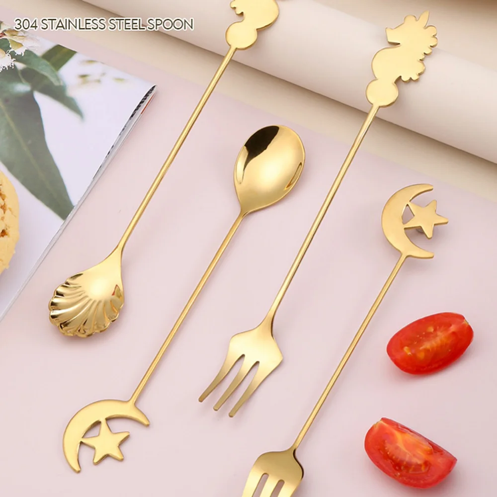 Gold Dinnerware Set Stainless Steel Gold Spoon Forks Stir Bar Tableware For Coffee Sugar Dessert Cake star and moon pattern