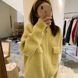 Women's Knitted Sweater Stand Collar Cardigan Knitwears Solid Zip-up Coats Korean Fashion Loose Thickened Top With Pocket