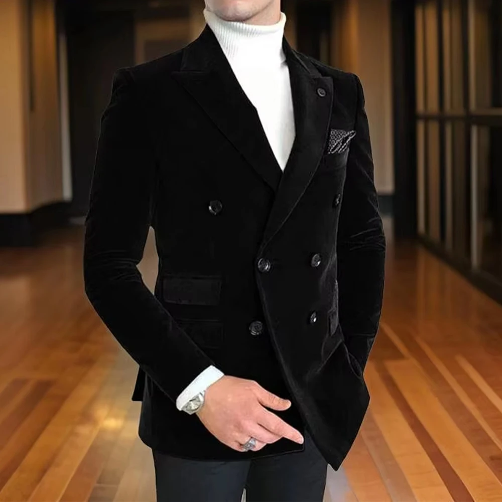 Slim Fit Velvet Suits for Men 2024 Peak Lapel Double Breasted Blazer Customized Wedding Party Formal Occasion Groom Plus Size