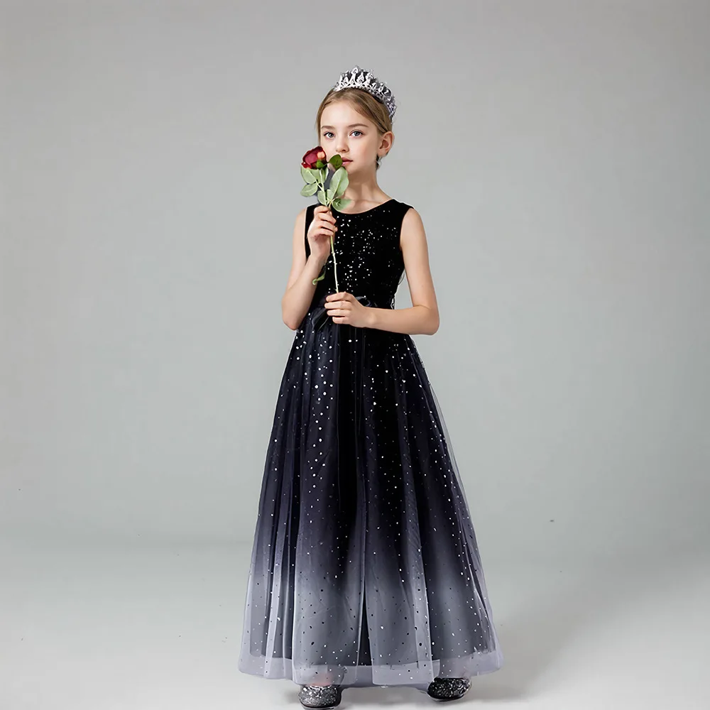 Fashion Black Starry Sky Girl Princess Dress Elegant Piano Performance Costume Girls Party Dresses Gradient Color Wedding Dress