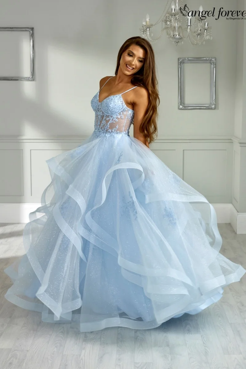 Jessica-Robe de mariée bleu ciel brodée de paillettes, robes de Rh, tulle moelleux, corset multicouche, robe éducative personnalisée