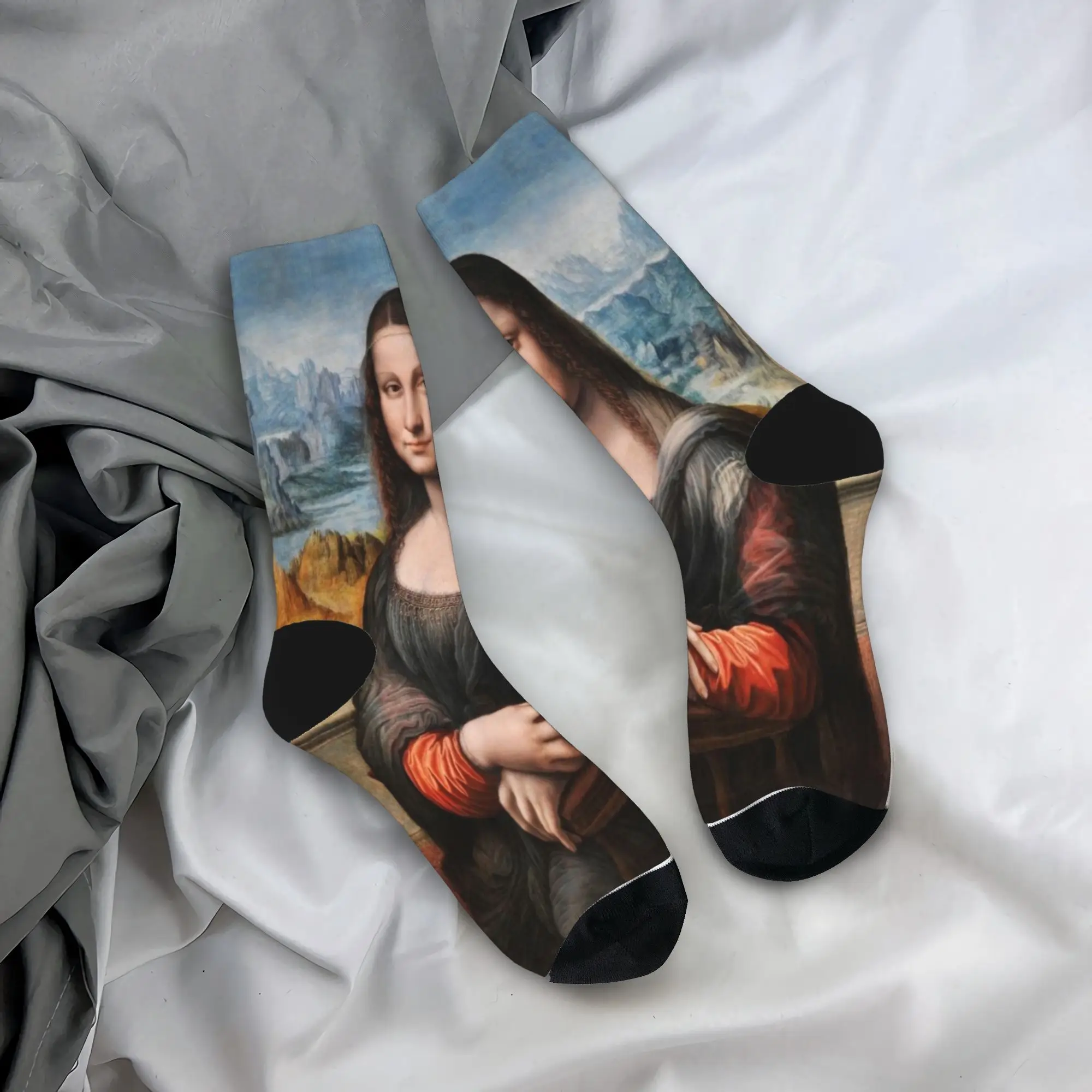 Mona Lisa Mountain View Socks  Leisure Stockings Autumn Non Slip Adults Men Socks High Quality Graphic Outdoor Socks