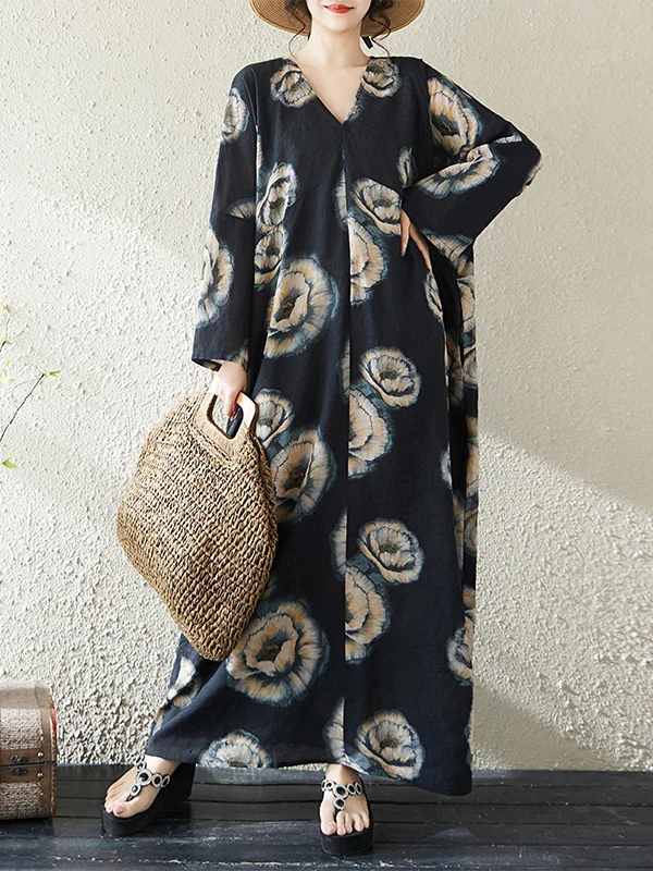 

Женская свободная рубашка большого размера из хлопка и льна с принтом, длинный рукав, V-образный вырез, защита от УФ-излучения, для прогулок, весенняя коллекция, художественный стиль