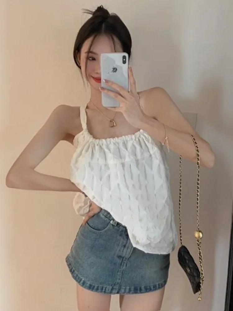 Camisole Women Shirring Students Sweet Tops Daily Simple Solid Girlish Summer Sleeveless Casual Korean Style Designer All-match