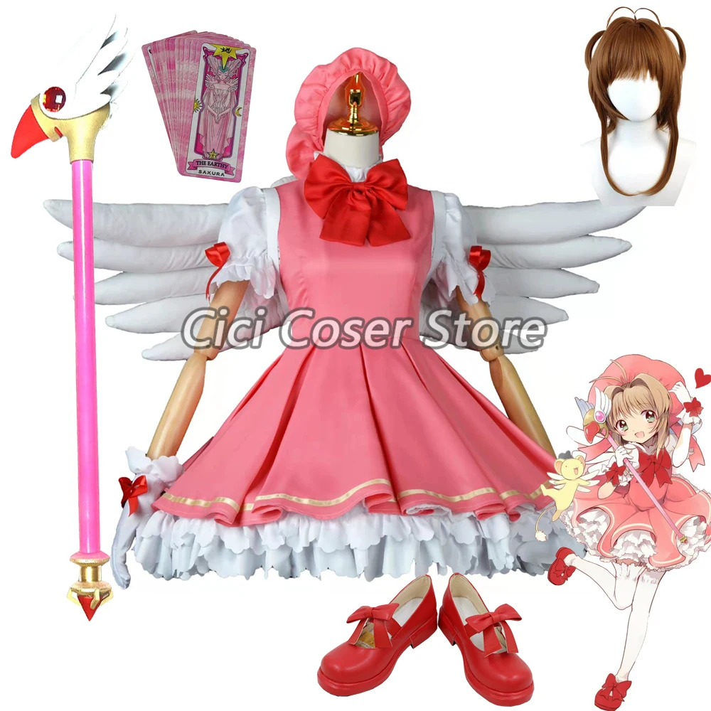 

Anime Card Captor Sakura Kinomoto Cosplay Costume Dress Pink Combat Uniform Cardcaptor Wig Magic Wand Wing Girl Halloween Outfit