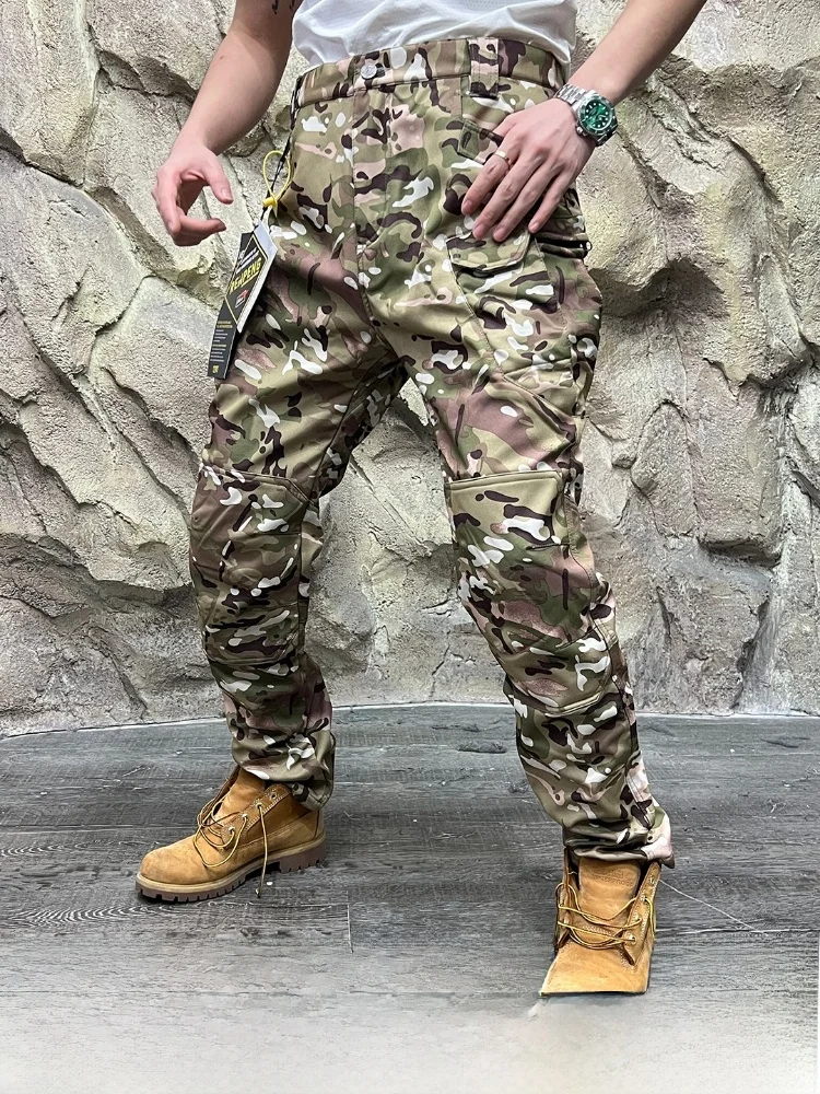 

Thiened Camouflage Fce Lined Work Trousers for Men Multi ket Tactical Soft ell Pants Outdoor Sle Straight Leg Pants
