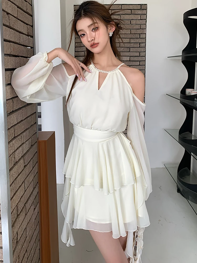 

2025 White Chiffon Off Shoulder Sexy Dimonds Neck-mounted Dress Women Elegant Casual Ruffled Dress Spring Autumn Birthday Dress