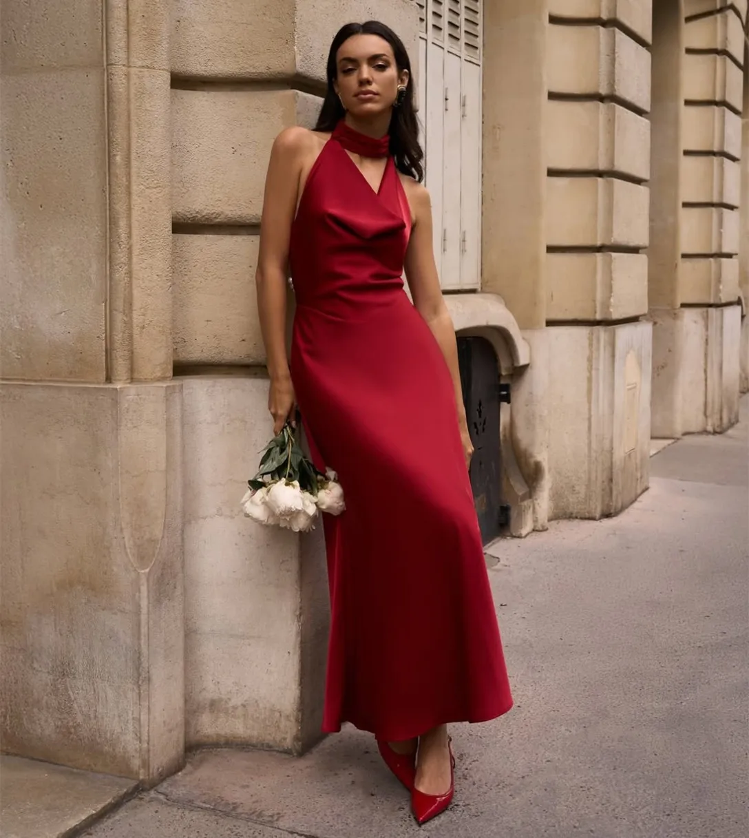 

Короткие атласные вечерние платья трапециевидной формы с жемчугом и лямкой на шее, плиссированные платья длиной до щиколотки для женщин