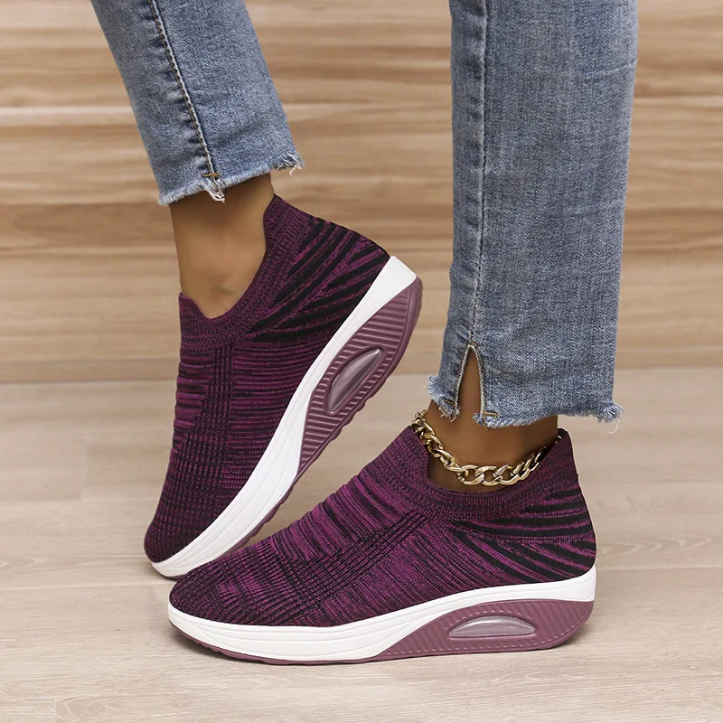 

plus size Women's Shoes 2024 Spring and Summer Flying Woven Stretch Mesh Socks Shoes Air Cushion Platform Wedge Casual