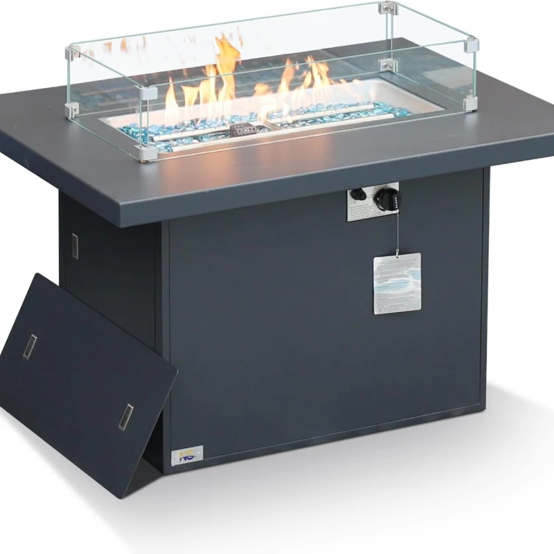 Modern Luxury Aluminum Outdoor Fire Pit Table, 43'' Rectangular Propane/Natural Gas 55,000 BTU Firepit Anti-Rust Frame