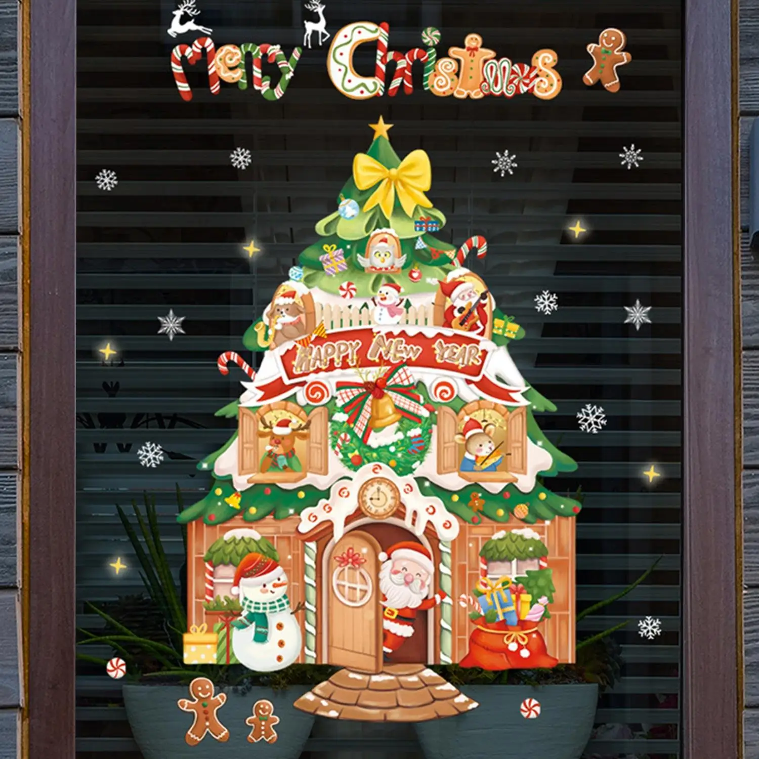 1 Set Christmas Window Clings Cute Gingerbread House Xmas Tree Window Decals Reusable Glass Stickers for Winter Holiday Party