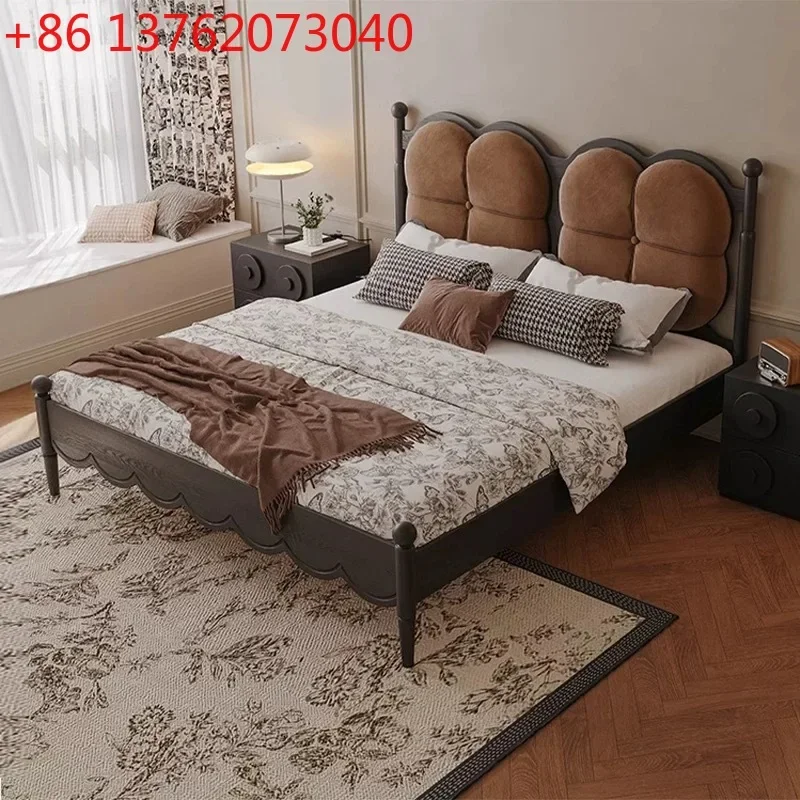 French retro solid wood home soft bag double bed simple four-leaf clover bed