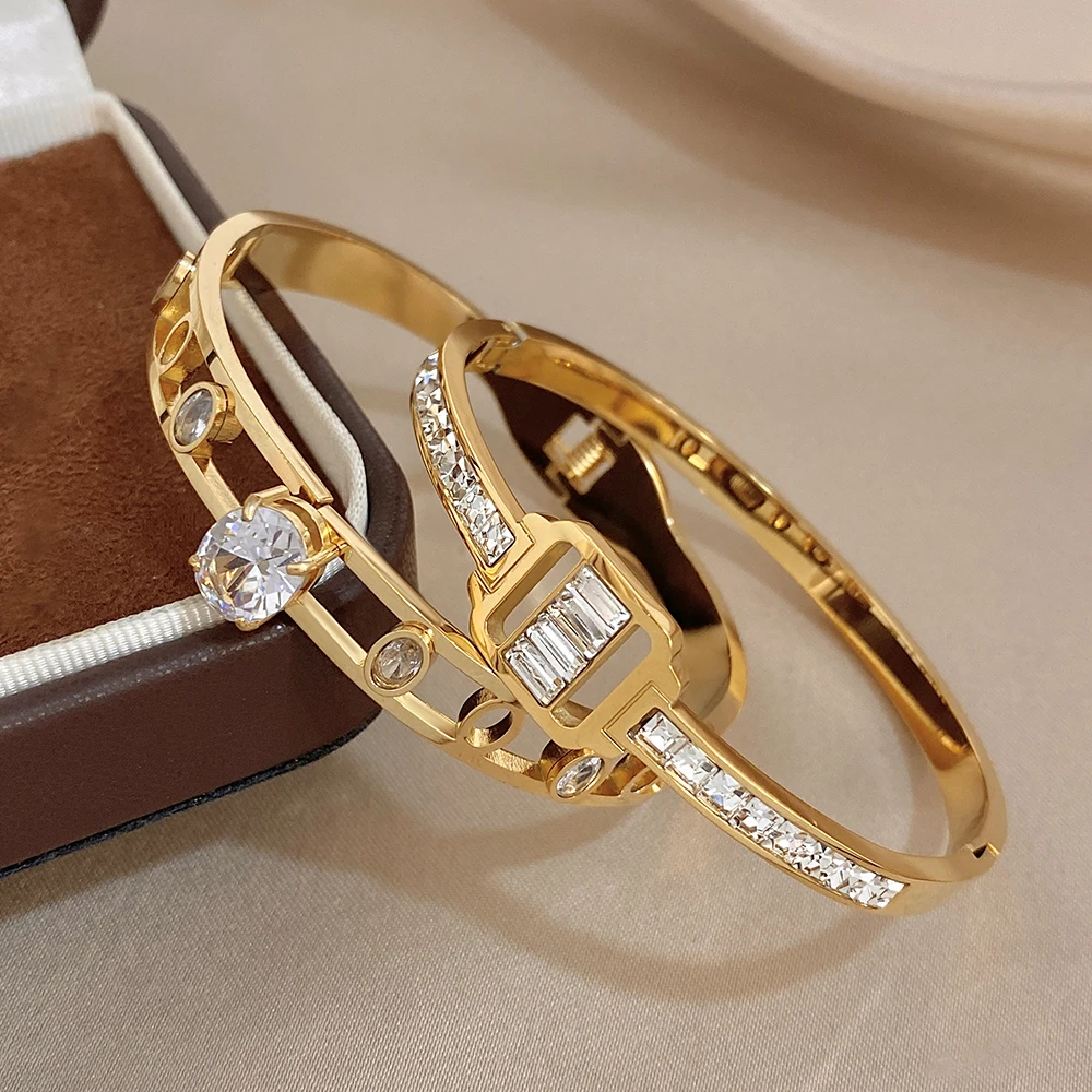 Luxury Geometric Elliptical Square Zircon Hollow Stainless Steel Bangle for Women Golden Waterproof Spring Bracelet Jewelry Gift