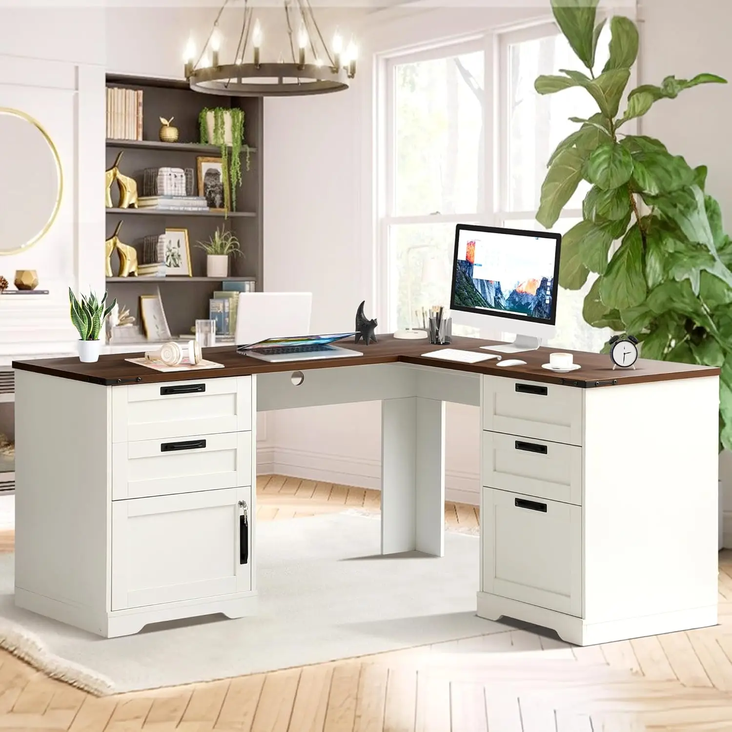 

60 Farmhouse L Shaped Desk with Drawers, Executive Desk with Storage, Home Office Corner Desk with Charging Station, 2