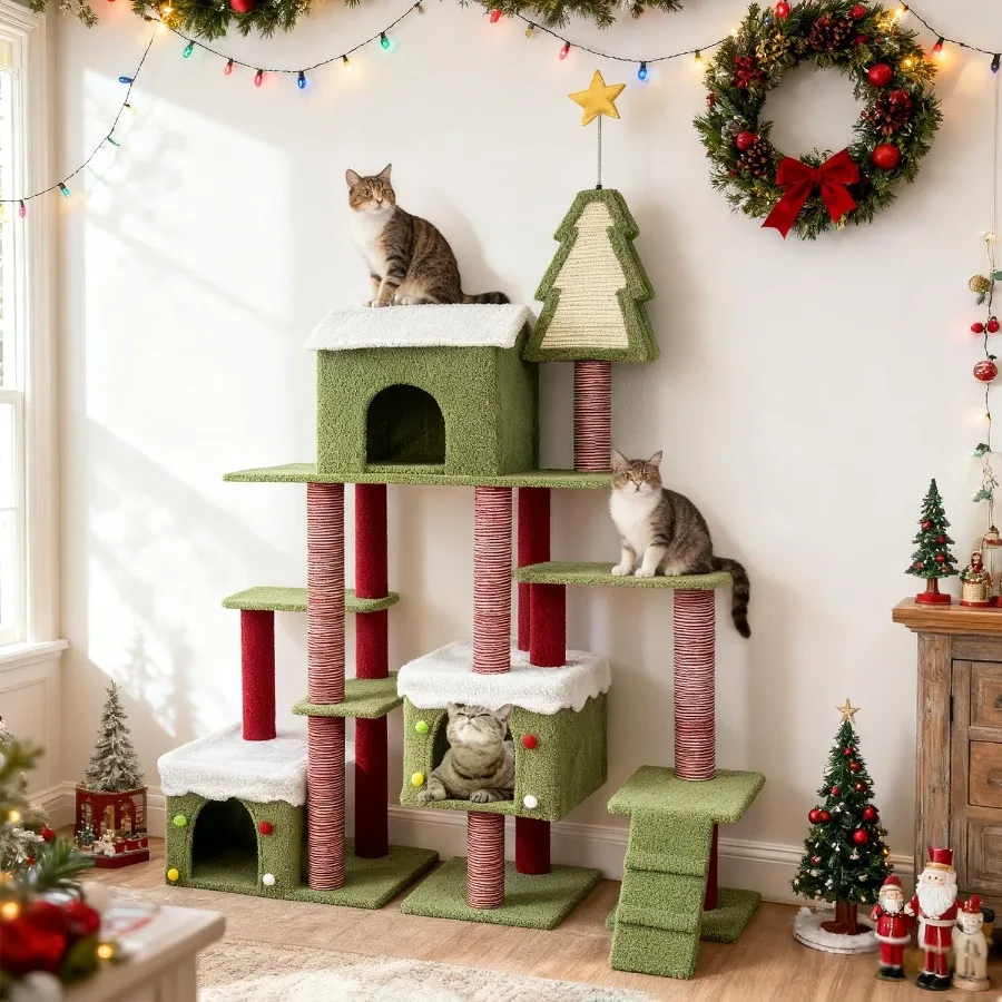 

74in Christmas Cat Tree Tower with Cozy Condos Multi-Level Green Cat Tower Featuring Scratching Posts Cat House Furniture with