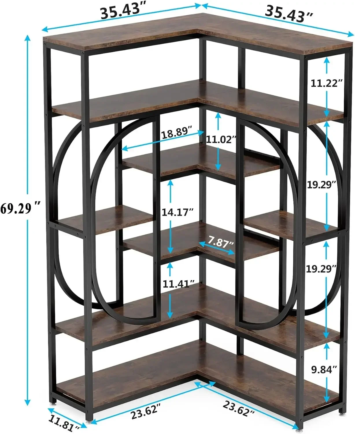 7-Shelf Corner Bookshelf, Large Modern Corner Bookcase, Tall L-Shaped Corner Shelf Stand Display Rack with Storage, Metal Frame