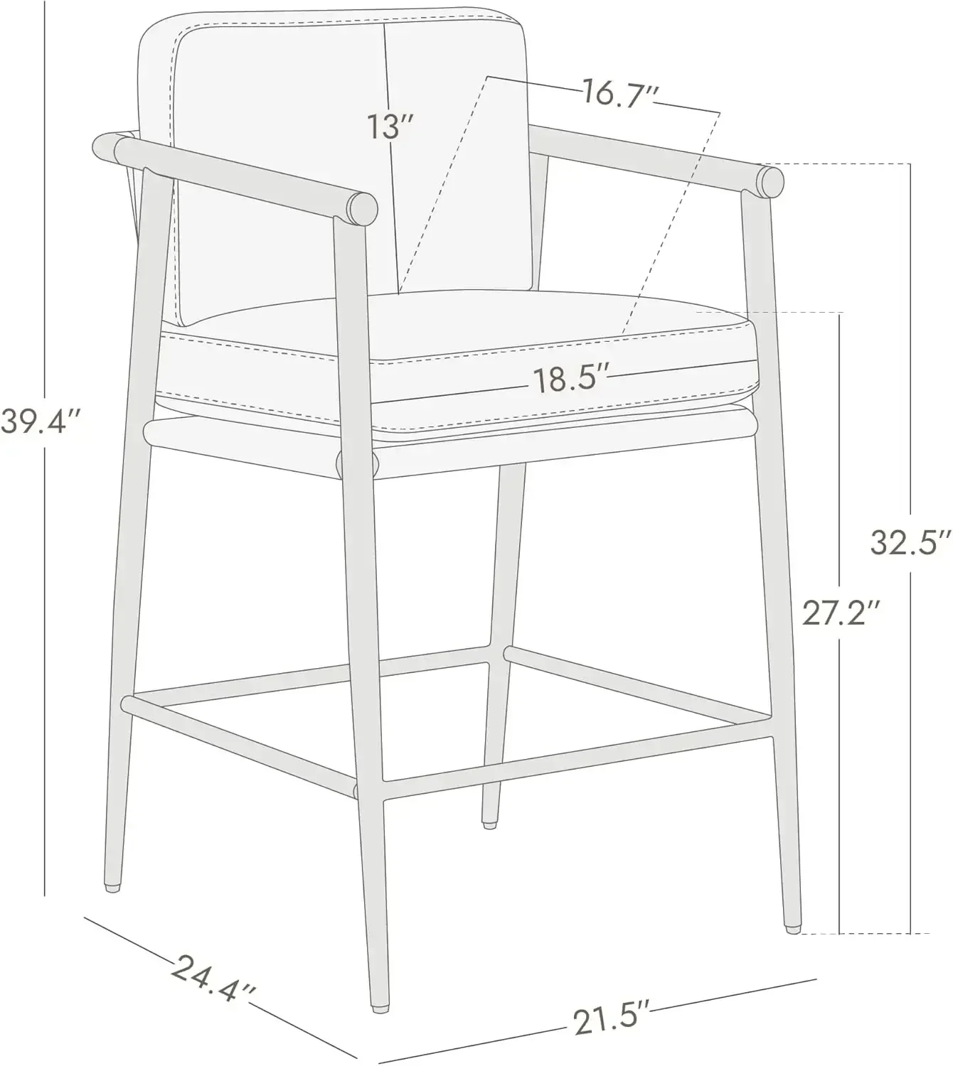 Mid Century Modern Barstools Set of 2, 26" H Upholstered Counter Height Bar Stools and Metal Legs, Faux Leather in Grey