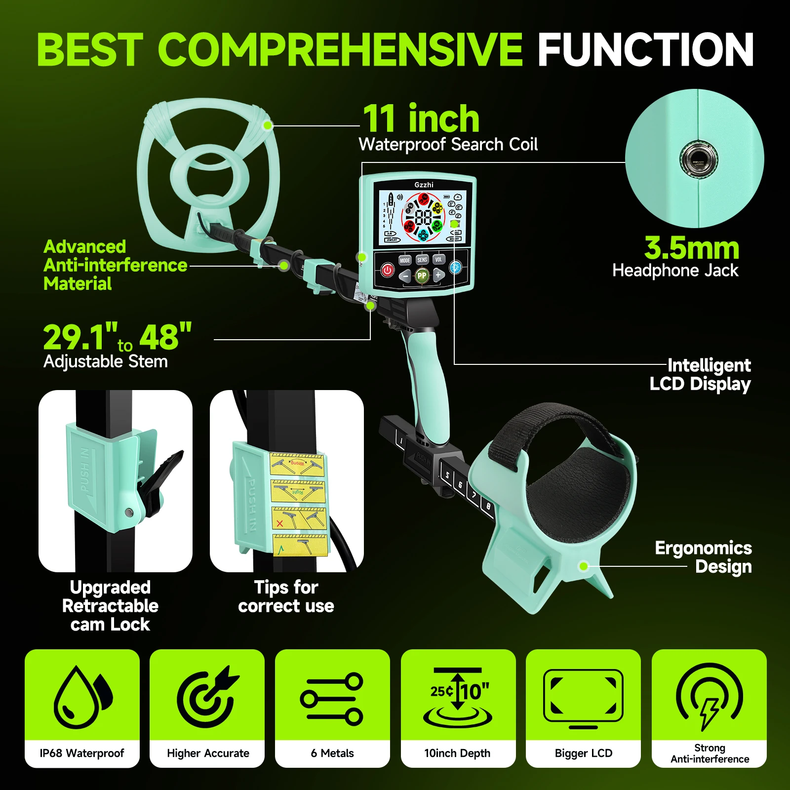 Color Screen Metal Detector Higher Accuracy Adjustable Waterproof Metal Detectors with Pinpoint & Disc 11" Inch Search Detector