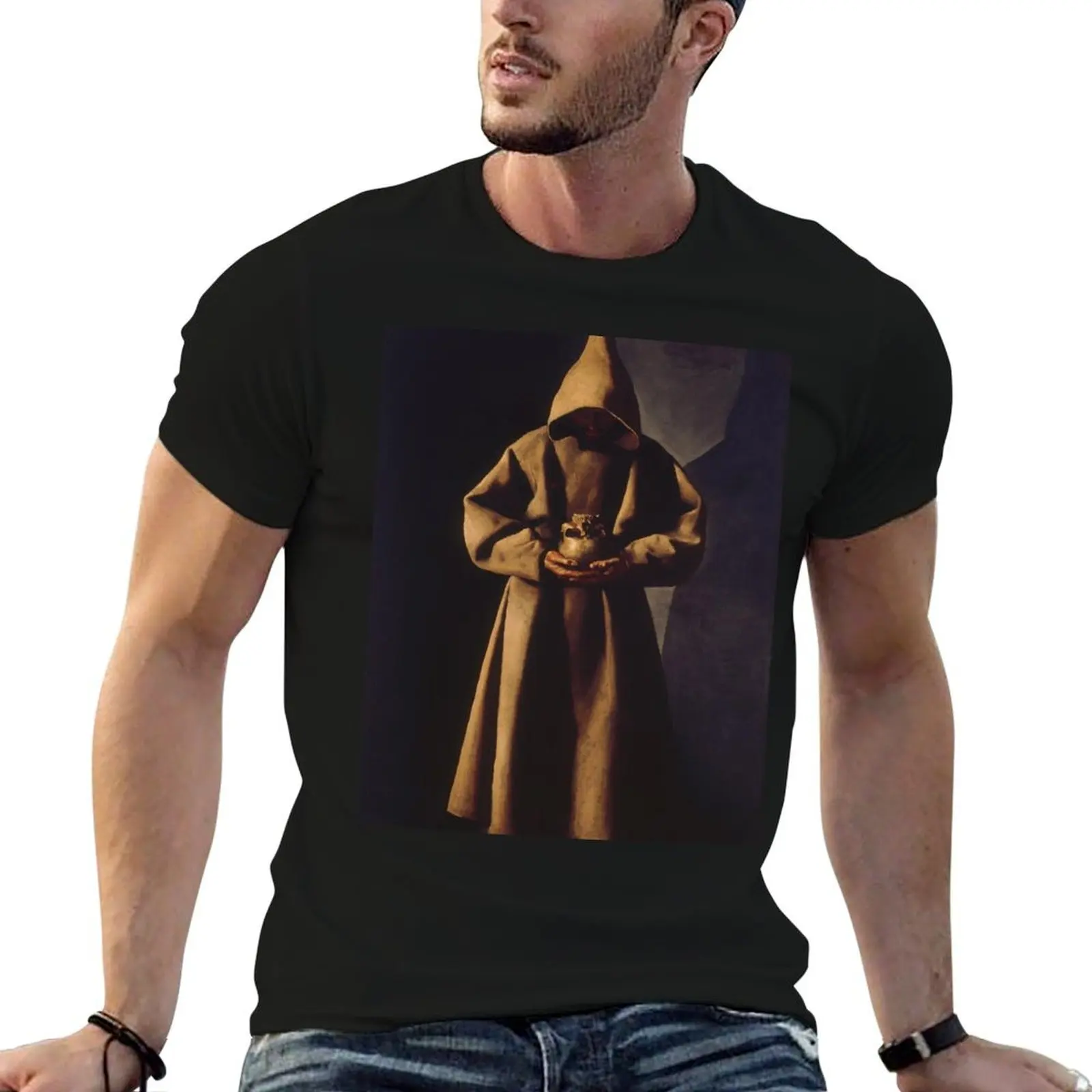 T-shirt St. Francis contemplant un crâne, par Francisco de Zurbarán, t-shirts drôles, humorisme noir, t-shirt graphique pour homme