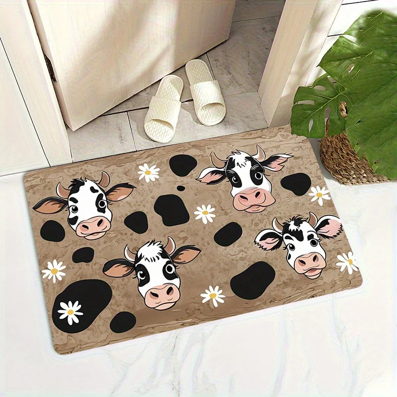 2D Flat Cute Cow Faces Daisy Flowers Brown Spots Flannel Bath Mat Non Slip Farm Animal Rug For Bathroom Kitchen Floor Decor