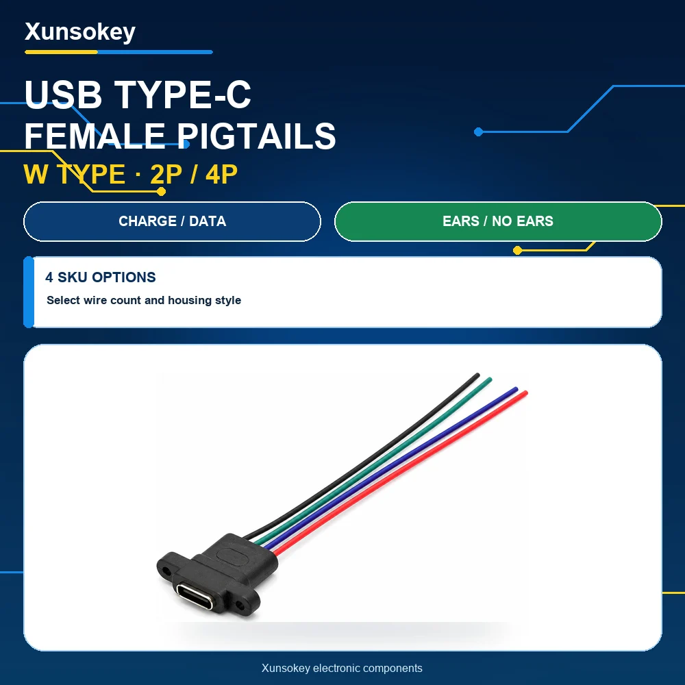1pcs USB 3.1 Connector Type-C 2Pin 4Pin Welding Wire Female Waterproof Female Socket Rubber Ring High Current Fast Charging Port