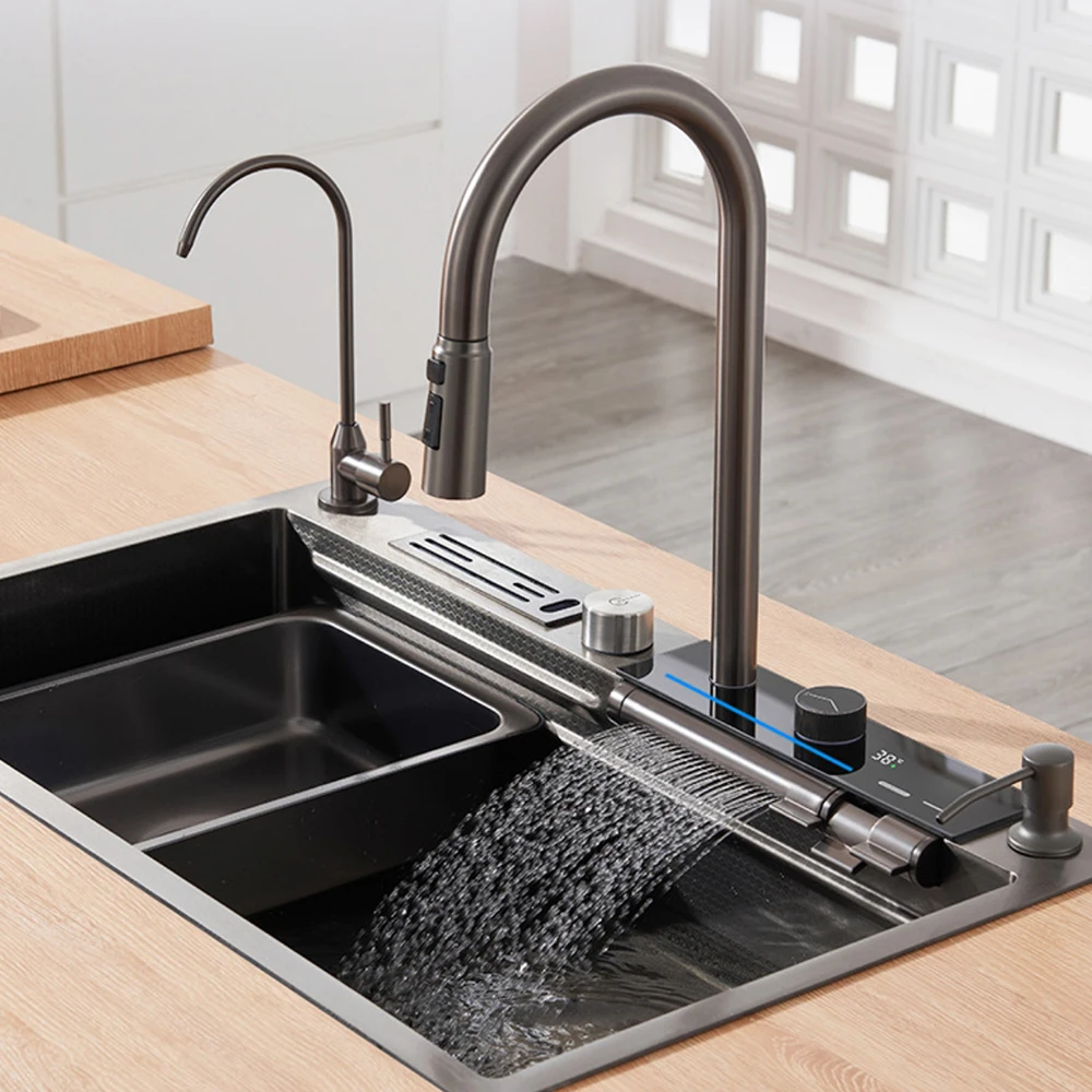 Gun Grey Color Four Way Water Out 60 Cm Hose Pull Out 304 Stainless Steel Waterfall Kitchen Mixer Faucet ,Ceramic Valve Core