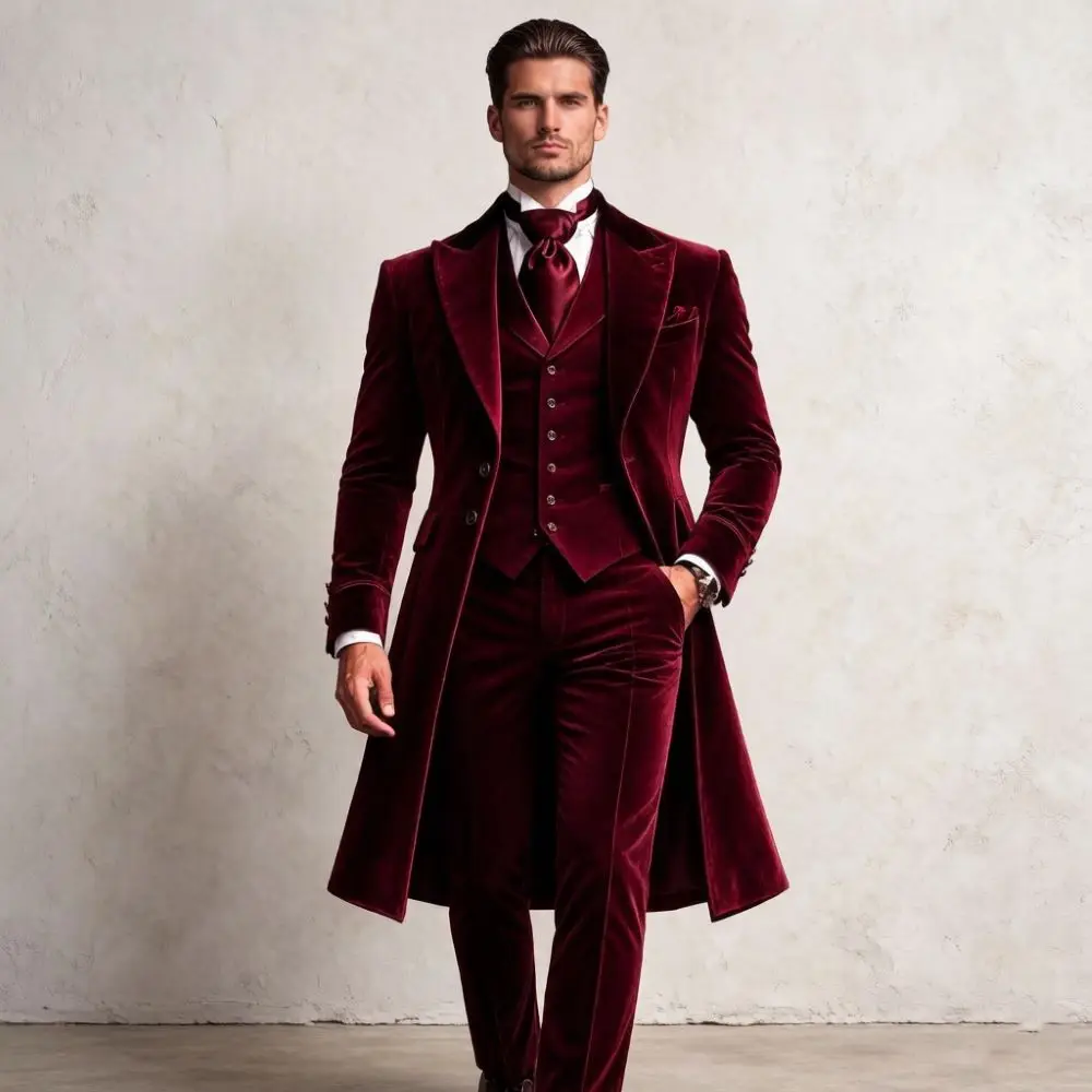 Velvet Long Formal Suits for Men Slim Fit 3 Pieces Wedding Tuxedo for Business Formal Activities Custom Made Mix Match Cufflinks
