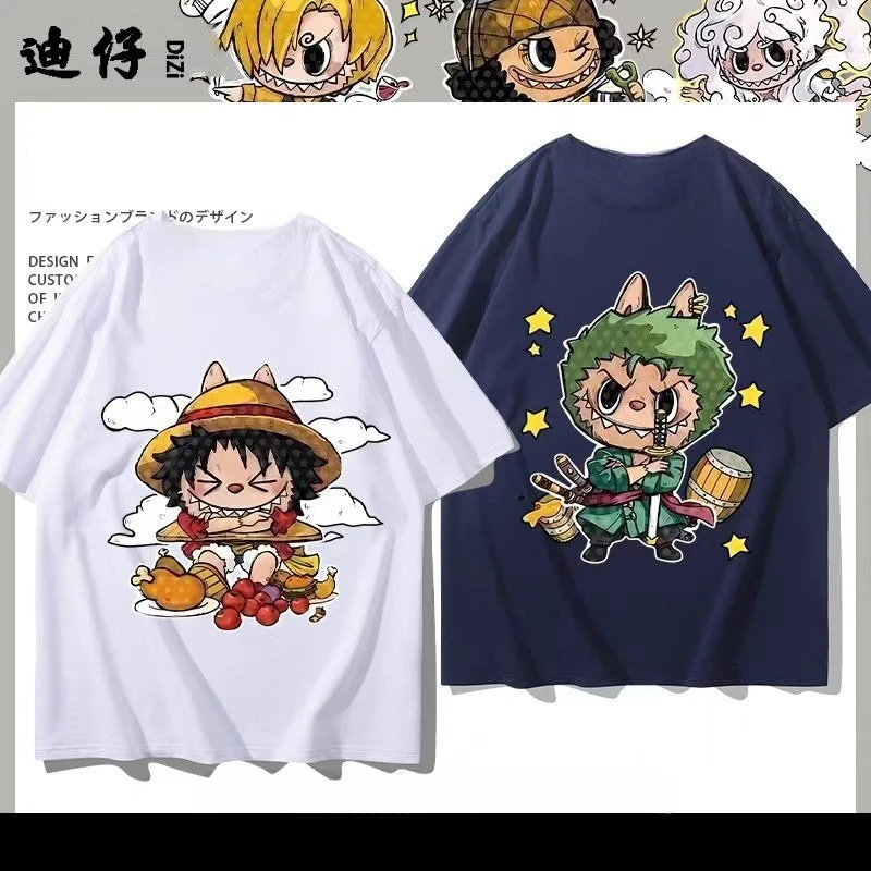 

Labubu Pirates Joint Luffy Peripheral T-shirt Short-sleeved Couple Men's and Women's Pure Cotton Printed Versatile Casual Top
