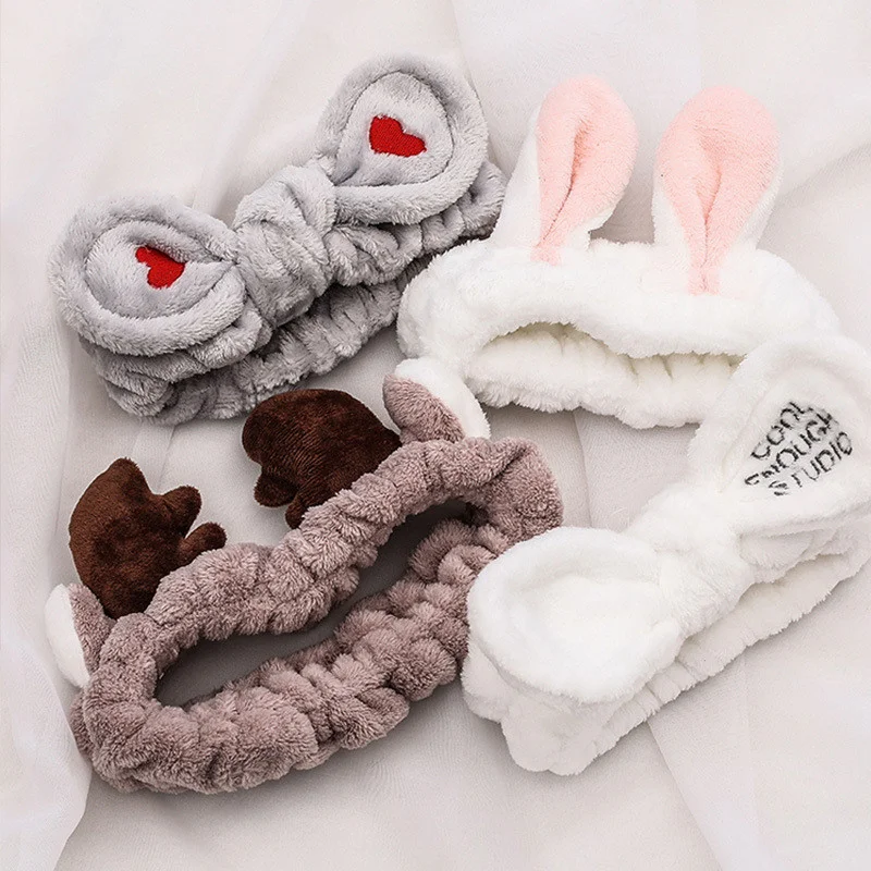 Cute Red Horns Elastic Hairbands for Women Wash Face Sport Soft Plush Rabbit Ears Headband Women Gift Hair Accessories