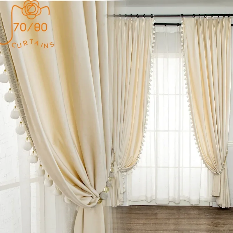 American Velvet Curtains Thick Solid Color Blackout Curtains for Living Room Bedroom Stitching Lace Curtains Finished Product