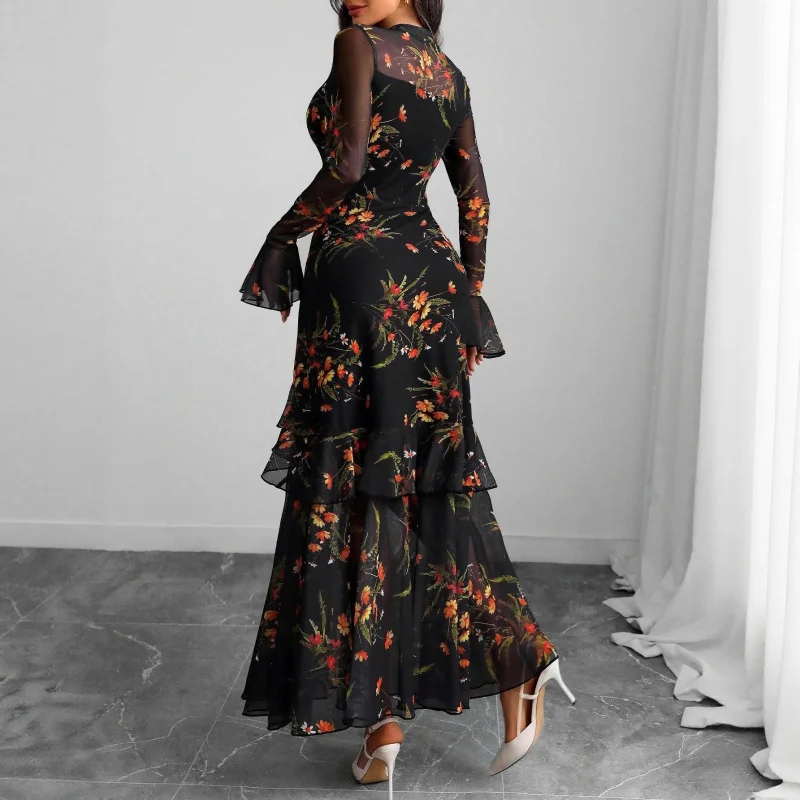 Robe longue à imprimé floral pour femme avec manches flottantes – Robe longue noire à motif botanique, vêtements de station de vacances ​