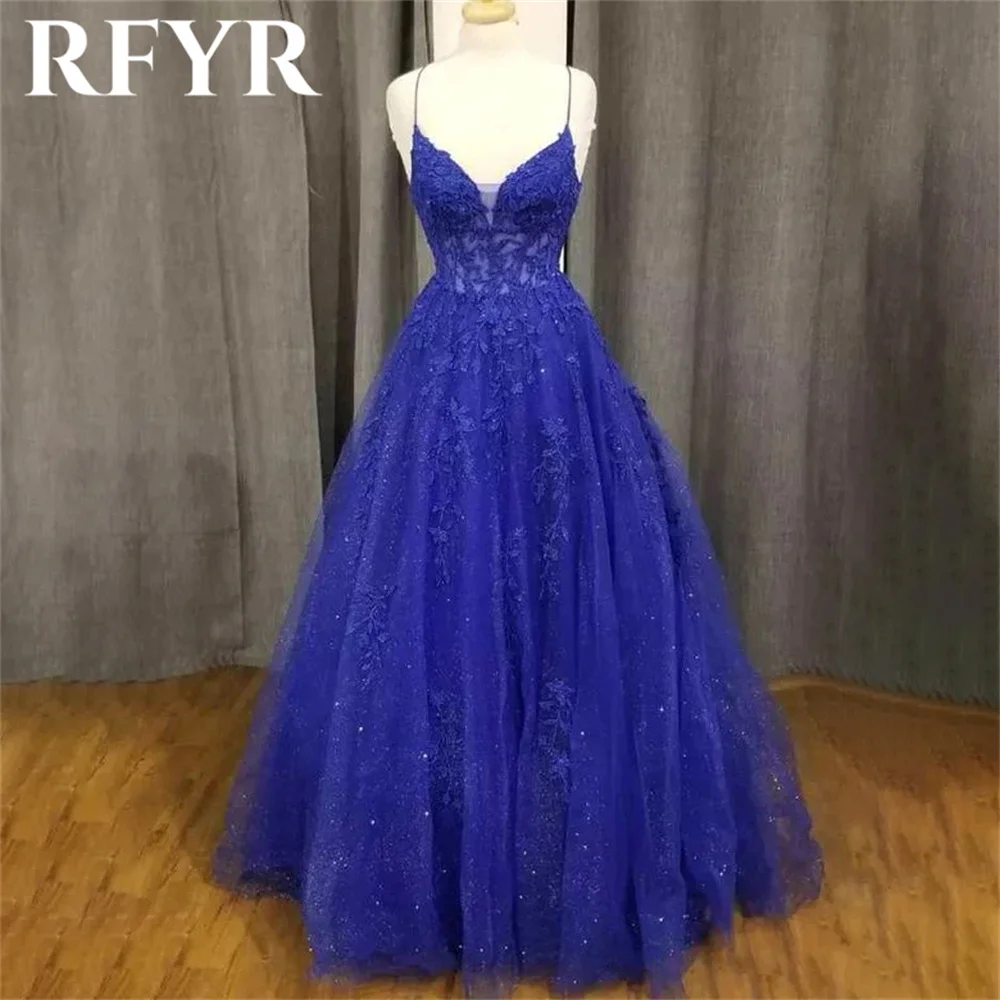 RFYR Blue Prom Dress Sweetheart Ruffles Spaghetti Strap Evening Dress A-Line Tulle فستان سهرة with Sheer Corset Party Dresses