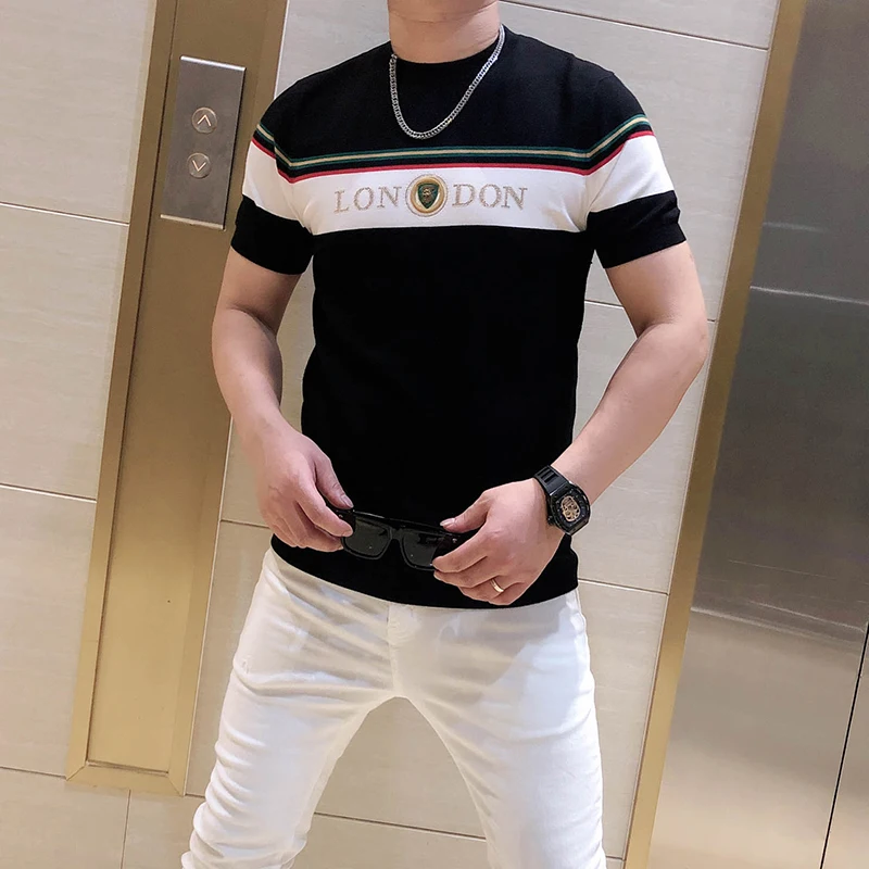 British Style Summer Men\'s Casual T-shirt Fashion Short Sleeve Slim Knitted T-shirt Male Round Neck Business Social Men Clothing