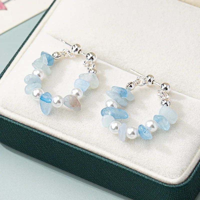 Sea Water Blue Natural Stone Beaded Glass Pearl Splice Necklace Fresh Niche Blue Clavicle Chain Gravel Irregular Bracelet Women
