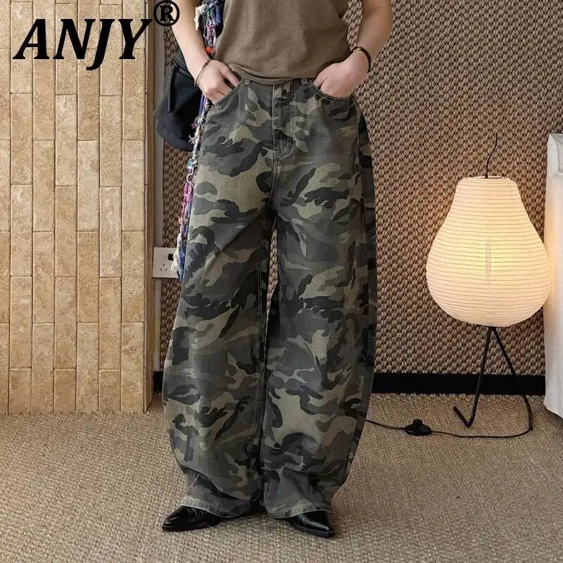 

ANJY Spring Autumn New Women Korean Safari Style Camouflage Wide-Leg Jeans Trendy Fashion Casual Loose Cotton Cargo Pants A22453