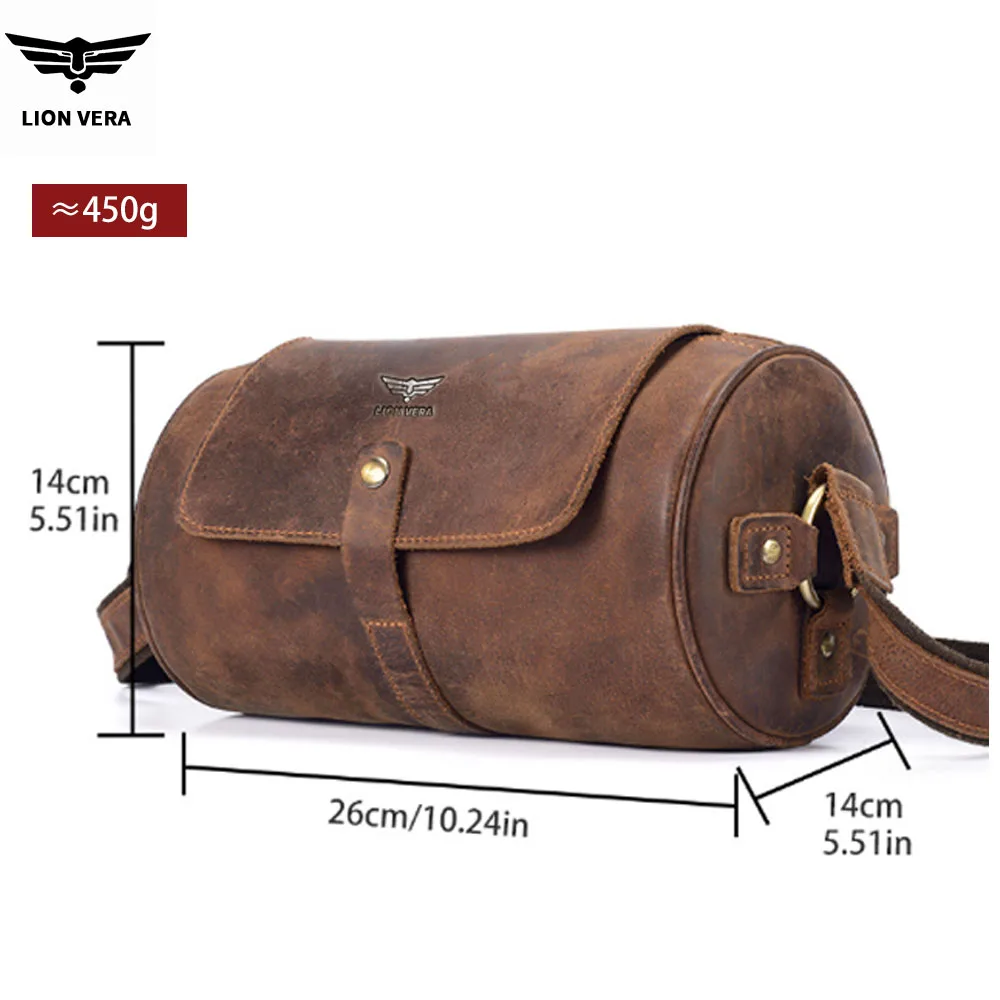 LION VERA Men's Leather Diagonal Cross Bag Large Capacity 10.2-inch Cylindrical Bag Fashion Business Shoulder Bag
