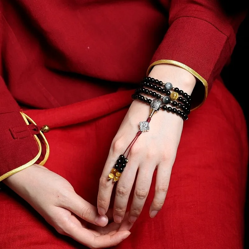 Original Design Fine Natural Gold Sheen Obsidian Unisex Handmade Buddhist Prayer Beads Bracelet Necklace Tibetan Mala 108 Count