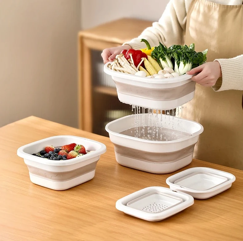 3pcs Double-Layer Retractable Draining Basket Foldable Kitchen Utensil for Fruit Vegetable Washing Durable Household