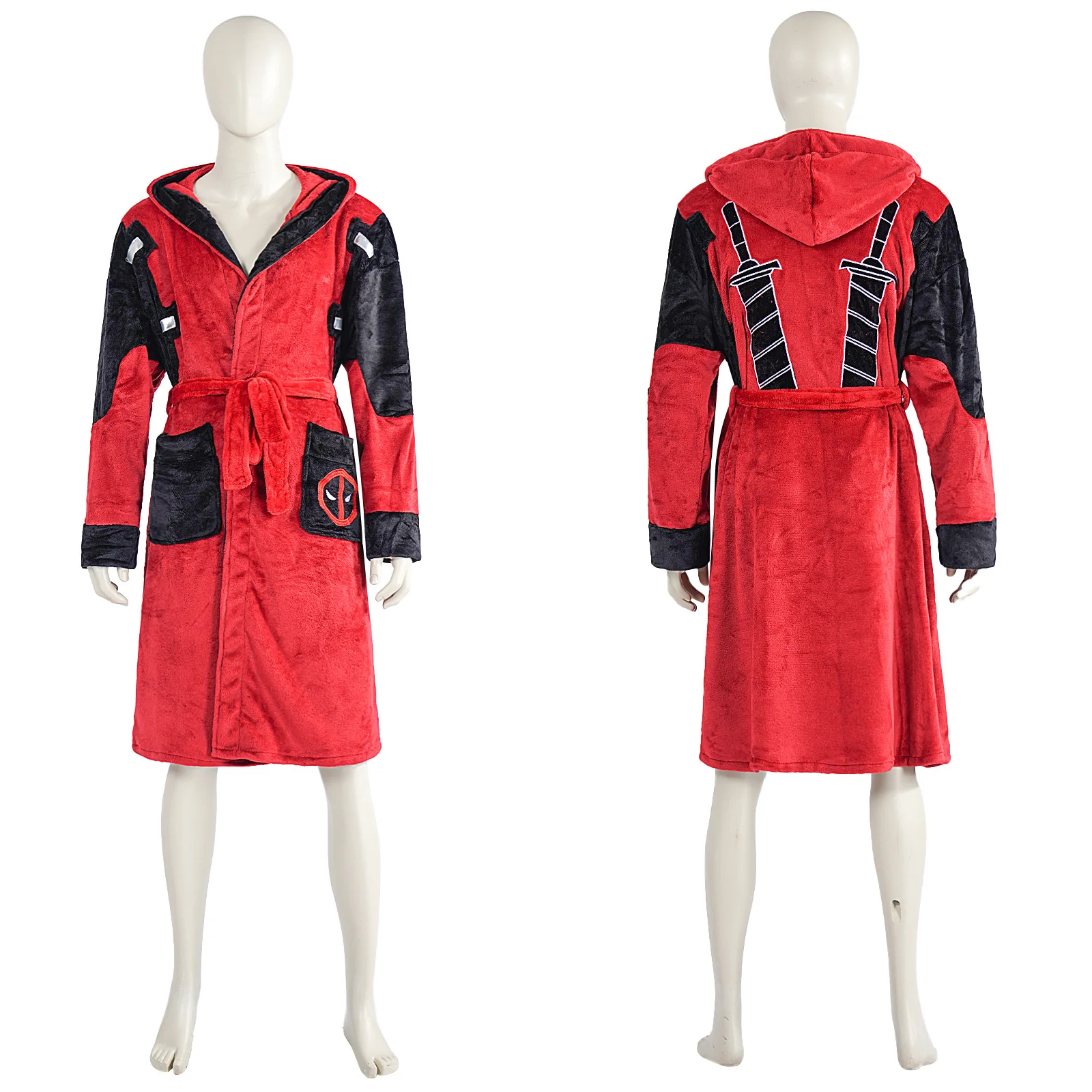 

Movie Hero Bathrobe Adult Unisex Winter Warm Flannel red-black Hooded Pajamas Halloween Cosplay Costume Sleepwear Robe