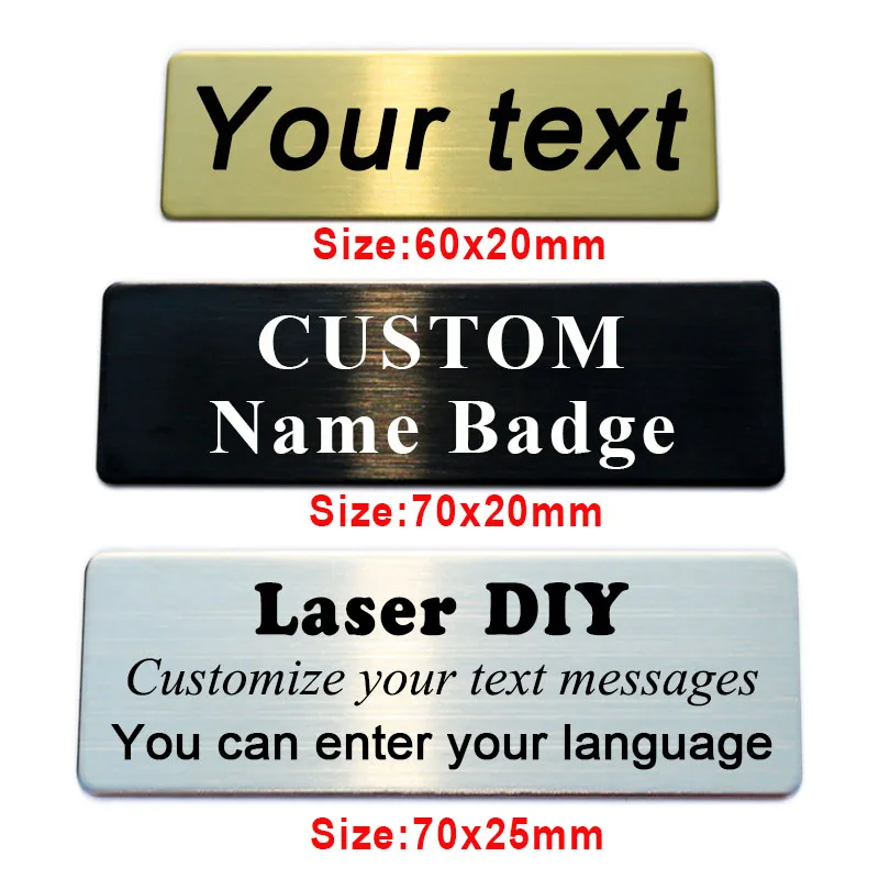 60X20 70x20 70x25mm Customizable Brooches Pin Personalized Engraved Text Logo Business ID Plate Metal Tag Customized Name Badges