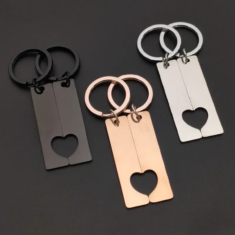 

Custom Logo Stainless Steel Key Chain Polished Rectangular Love Heart Keychain DIY Couple Pendant Long Strip Tag Keyring Gifts