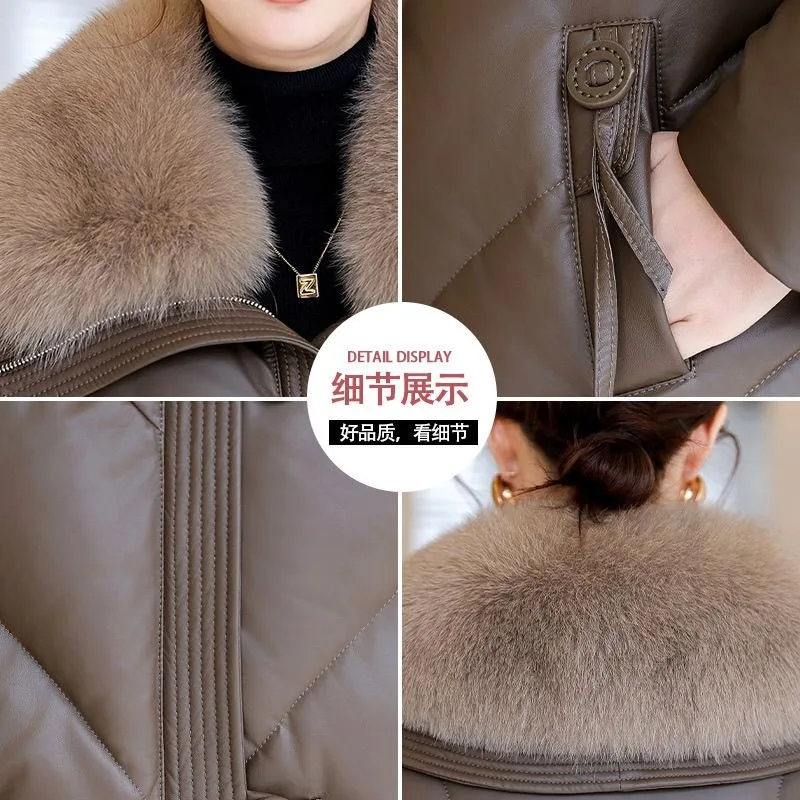 高品質の女性ダウンレザージャケット秋冬厚く暖かいフェイクレザートレンチコート女性パファーパーカーオーバーコート