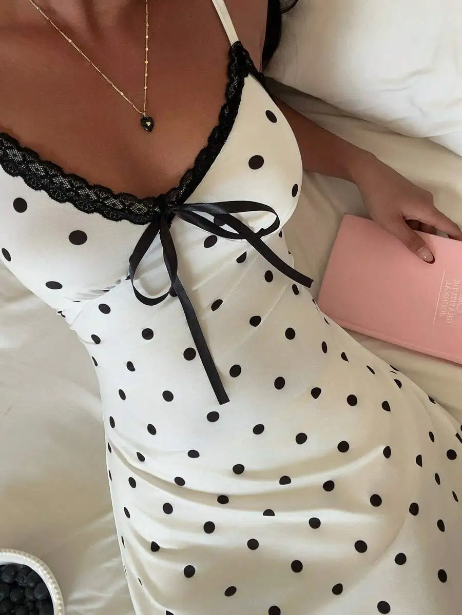 

Polka Dot Lace Trim Camisole Dress With Bow Detail Sleepwear Loungewear For Women