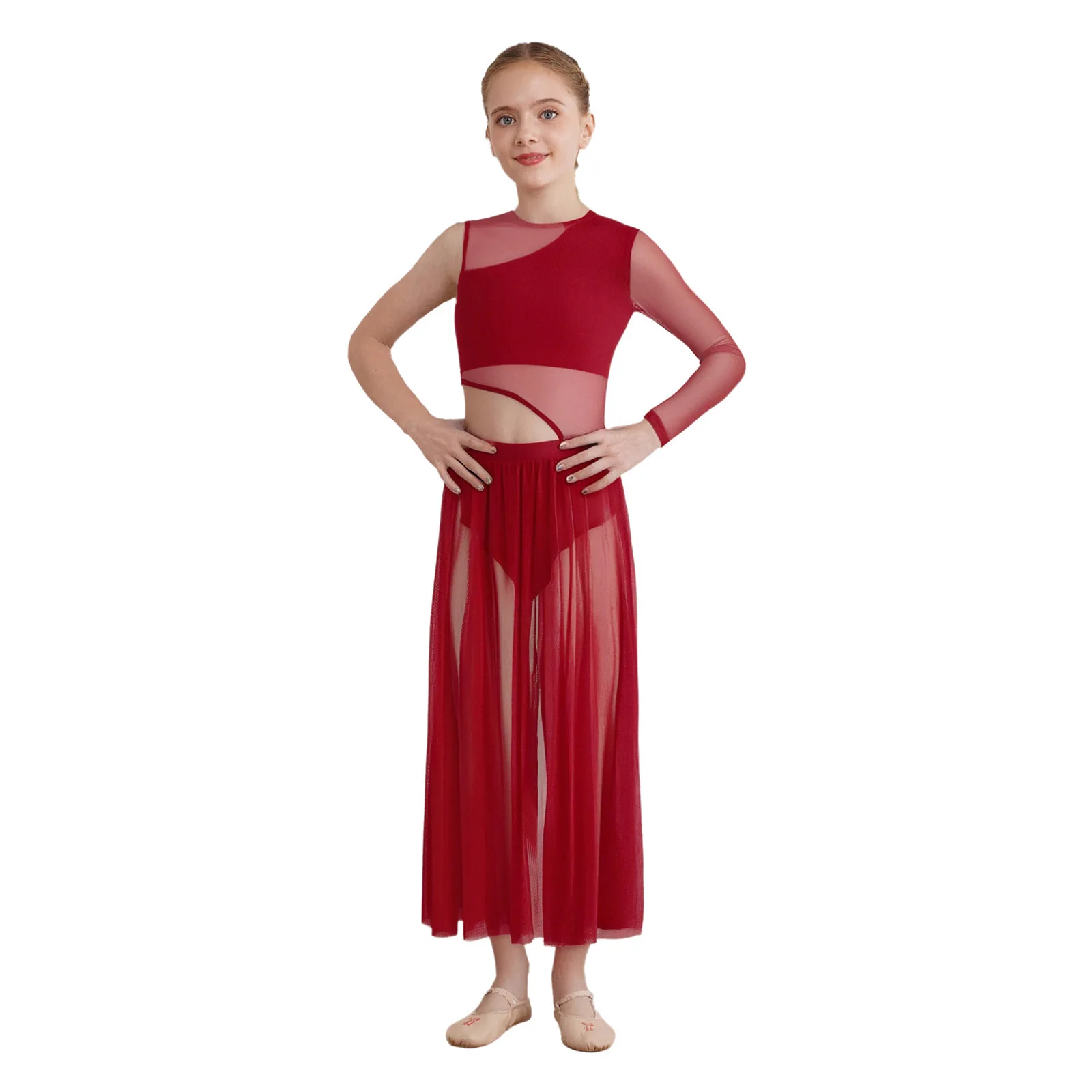 Kids Girls Ballet Modern Lyrical Dance Costume Cutout Patchwork Bodysuit  Sides Split Sheer Mesh Asymmetrical Dress Dancewear - AliExpress 200000532