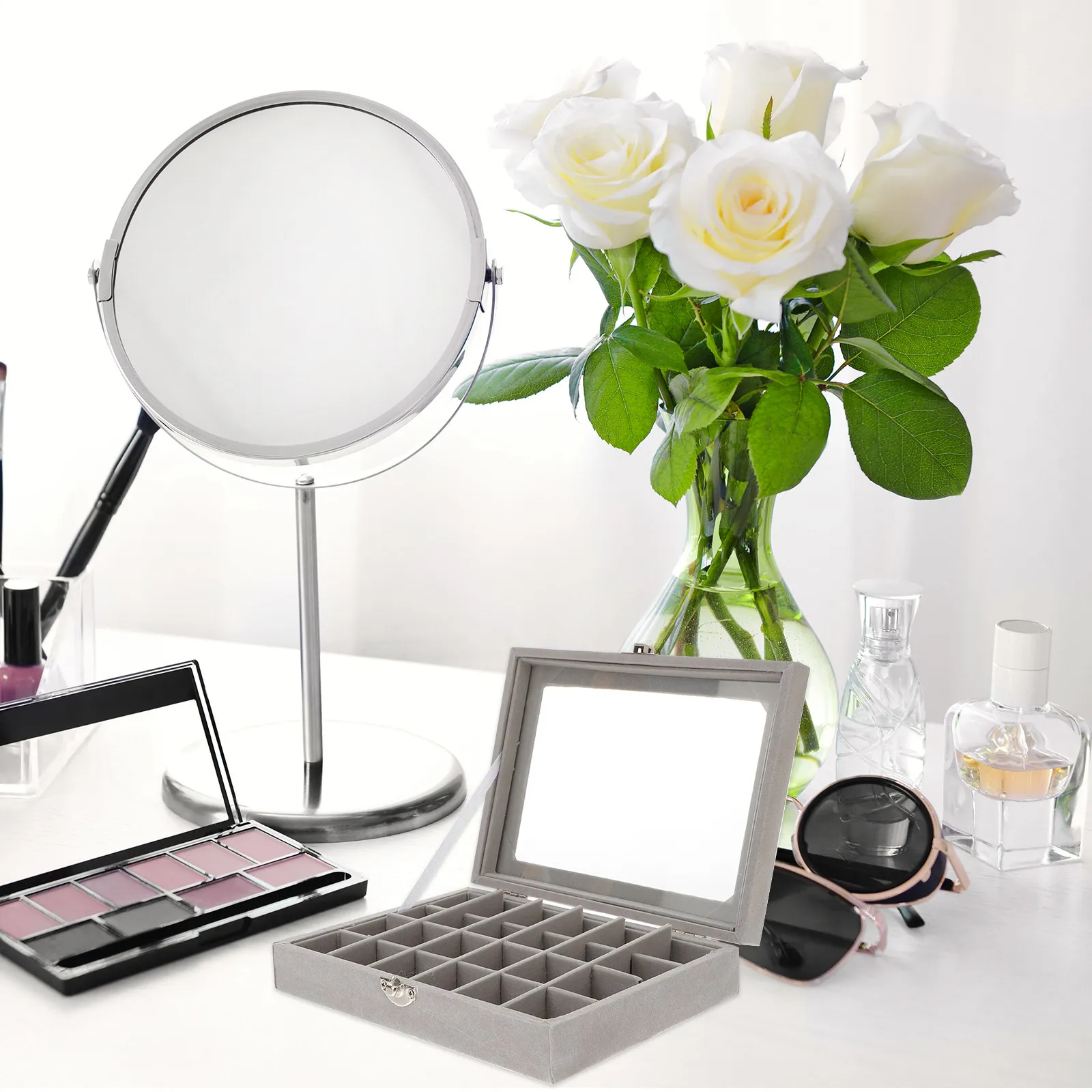 

Органайзер для украшений на 24 отделения, серый, современный, с прозрачной крышкой и надежным замком, для колец, серег, ожерелий, подарочная коробка