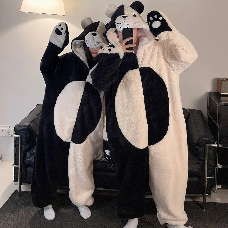 Lovely Cartoon Black and White Bear Couple Pajamas Hooded Cosplay Adult Onesie Pyjama Coral Warm Thick Homewear Unisex Sleepwear